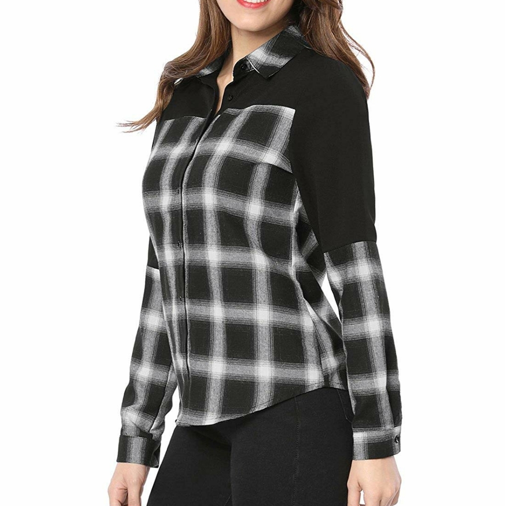 Allegra K Women's Collared Plaid Tunic Top XL